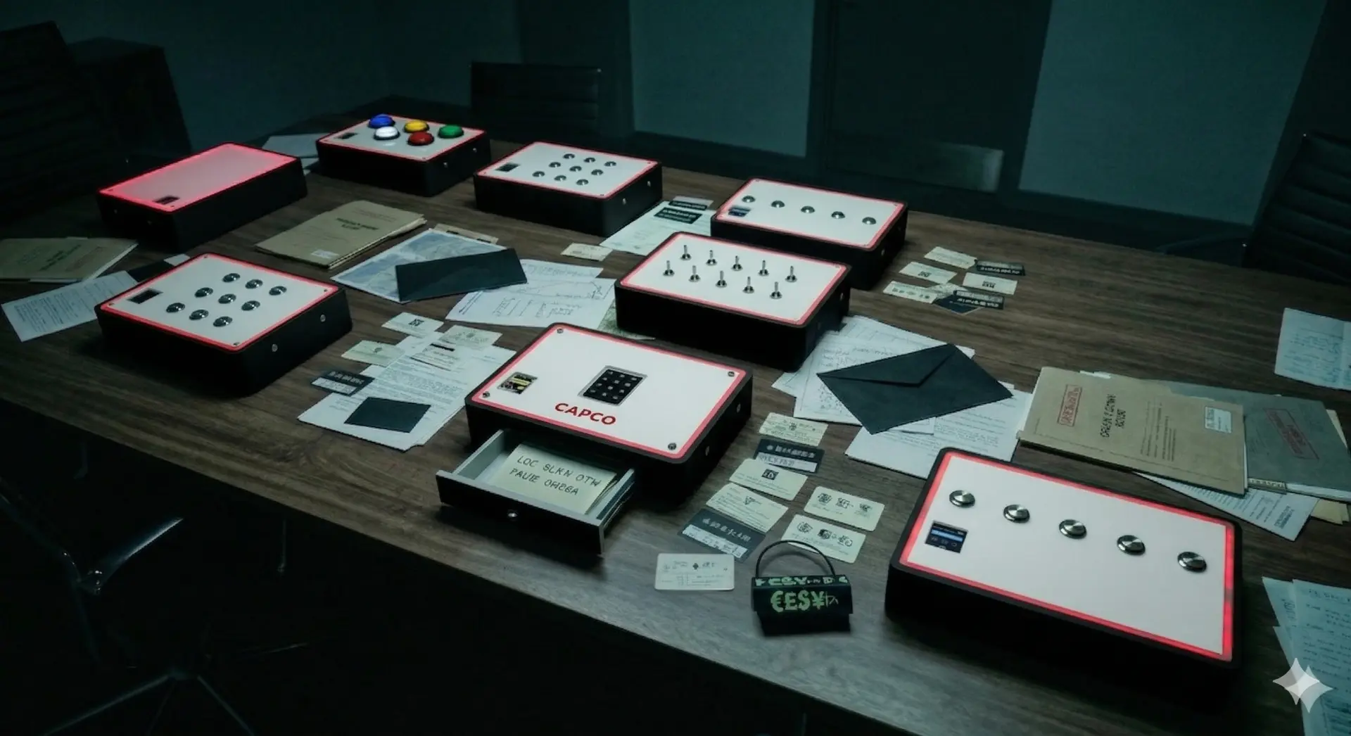 UNPACK experiential training kit modules laid out across a boardroom table with mission documents