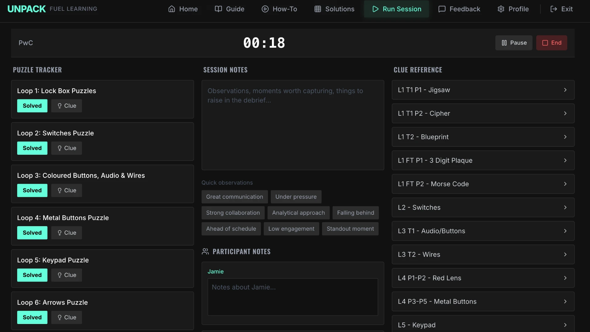 The UNPACK Facilitator Hub live session view showing the timer, puzzle tracker, session notes and clue reference
