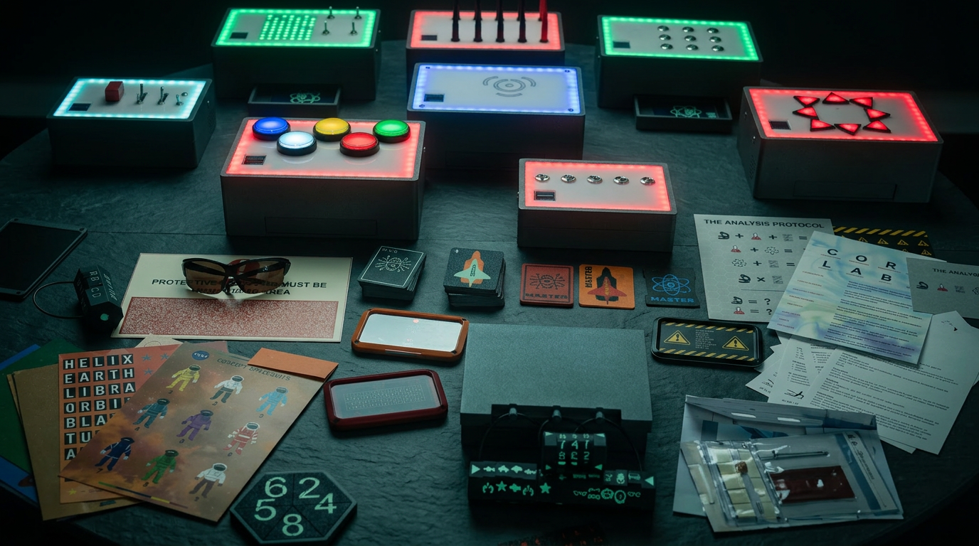 UNPACK experiential training kit with illuminated electronic puzzle modules, cards, and materials spread across a table